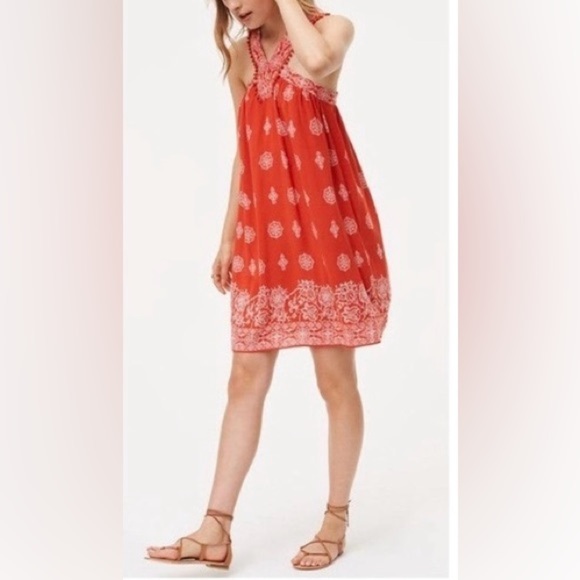 Loft Pom Pom V Neck Swing Dress - Sunset Orange - Red - Picture 1 of 8